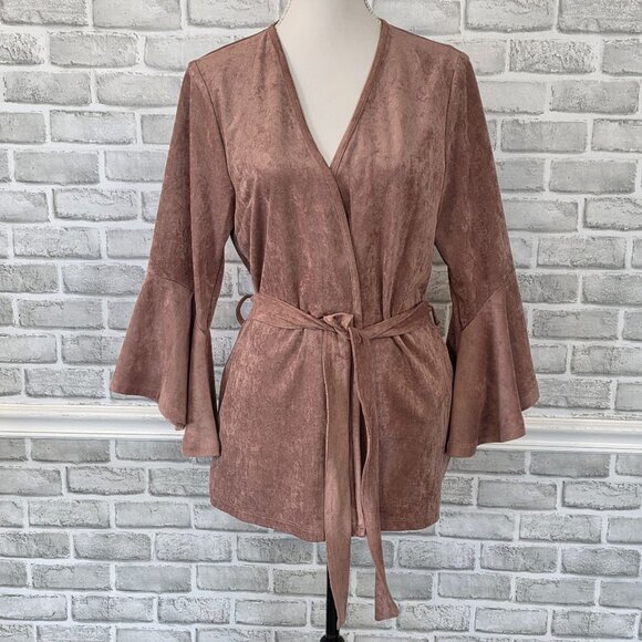 Kut From the Kloth Faux Suede Belted Jacket Dusty Rose Bell Sleeve Pocket Cozy - Picture 10 of 10